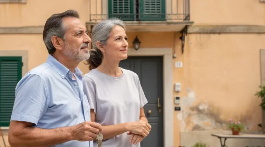 Coppia italiana davanti alla propria casa durante una valutazione immobiliare