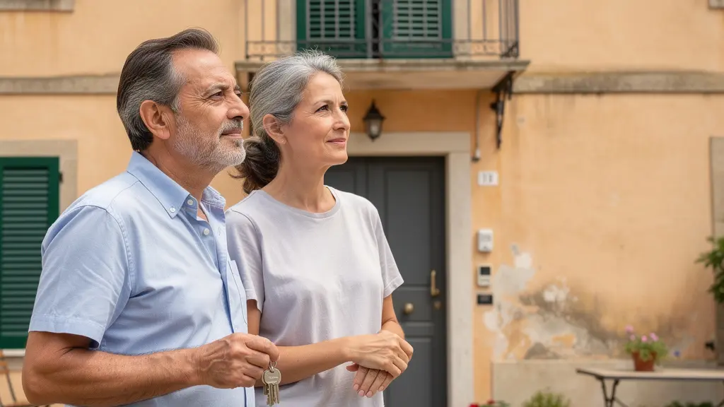 Coppia italiana davanti alla propria casa durante una valutazione immobiliare