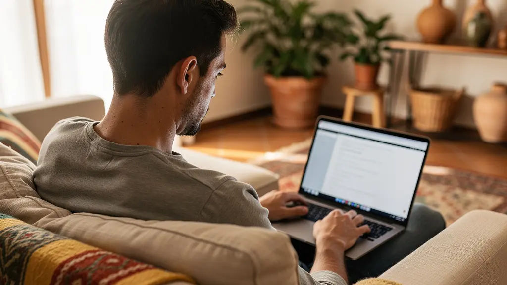 Proprietario italiano che consulta una stima immobiliare online dal divano di casa