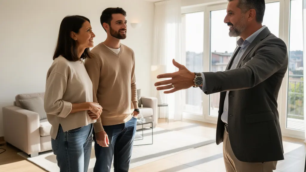 Agente immobiliare che mostra un appartamento luminoso a potenziali acquirenti in Italia