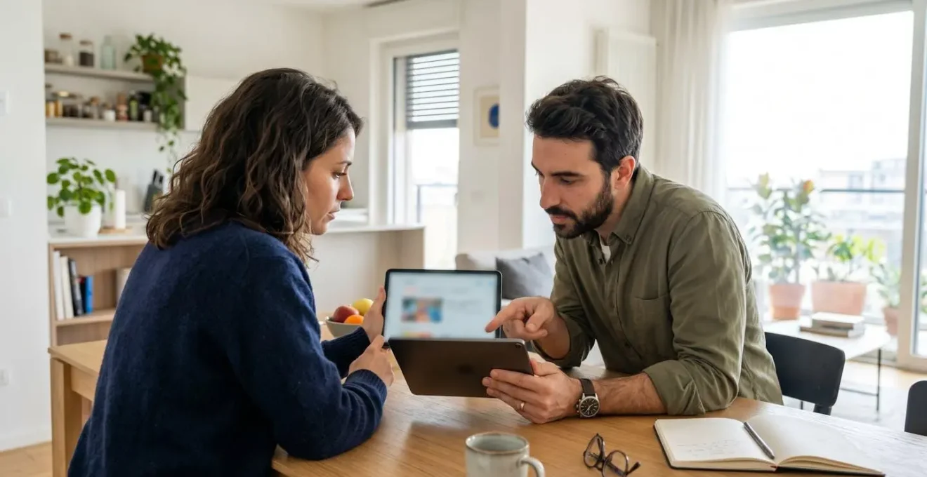 Una coppia italiana di circa 35 anni seduta al tavolo di una cucina moderna luminosa, guardano insieme concentrati lo schermo di un tablet appoggiato sul tavolo