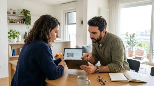Una coppia italiana di circa 35 anni seduta al tavolo di una cucina moderna luminosa, guardano insieme concentrati lo schermo di un tablet appoggiato sul tavolo