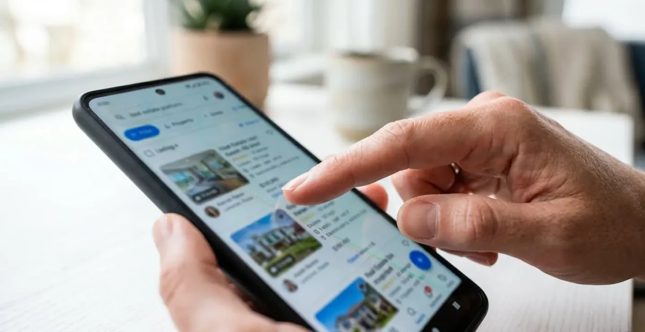 Primo piano estremo di una mano che tocca delicatamente con l'indice lo schermo di uno smartphone moderno su un tavolo pulito, con sfondo sfocato