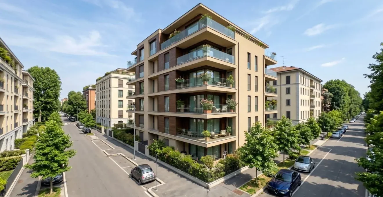 Veduta diurna di un edificio residenziale contemporaneo ben tenuto in un quartiere urbano italiano, con facciata pulita e strada luminosa